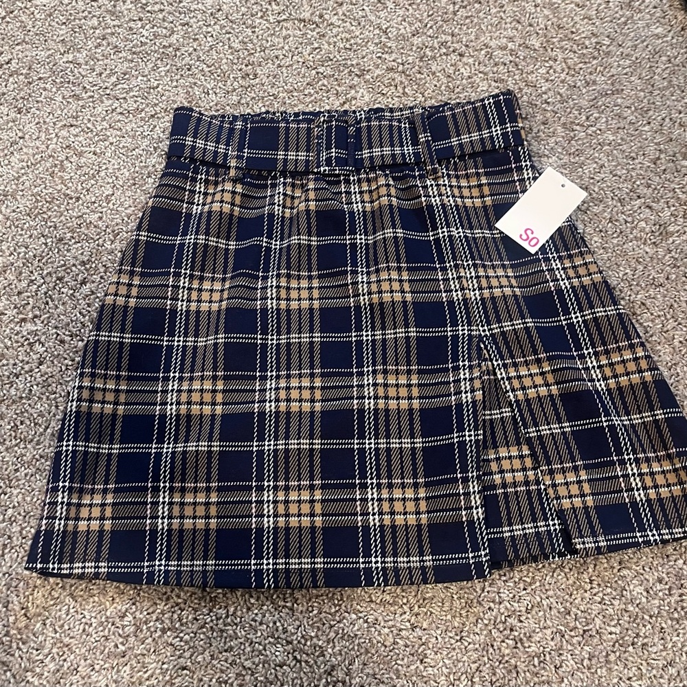 NWT SO Kohls Womens Skirt Blue Tan Plaid Size Small